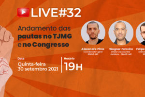 fundo laranja que traz com fotos dos participantes da live que serão descritos na apresentação. Conteúdo textual: Live #32 – Transmissão ao vivo em nosso canal www.youtube.com/SINJUSMG/ Andamento das pautas no TJMG e no Congresso, com Alexandre Pires (Coordenador-geral do SINJUS) - homem de pele clara, olhos e cabelos castanhos, Wagner Ferreira (diretor de assuntos Jurídicos do SINJUS-MG) – homem negro, com olhos e cabelos curto, Felipe Rodrigues (diretor de Finanças do SINJUS) – homem de pele clara, olhos e cabelos castanhos. Quinta-feira, 30 de setembro 2021, 19h. Acessível em Libras. Card fecha com logo do SINJUS-MG.