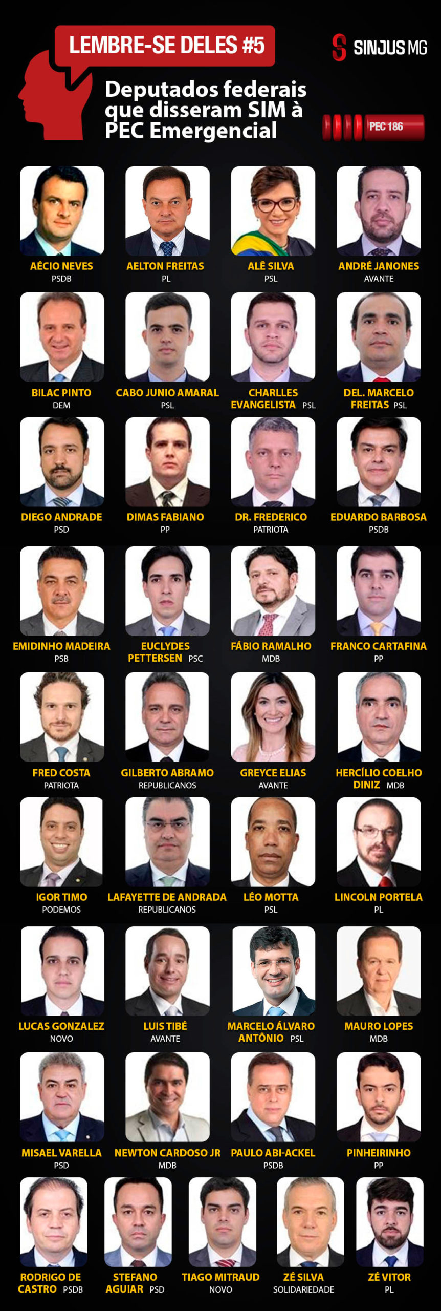 Deputados federais mineiros que votaram a favor da PEC 186. Lembre-se deles #5. Em seguida estão fotos dos seguintes parlamentares por ordem alfabética: Aécio Neves (PSDB), Aelton Freitas (PL), Alê Silva (PSL), André Janones (Avante), Bilac Pinto (DEM), Cabo Junio Amaral (PSL), Charlles Evangelista (PSL), Delegado Marcelo Freitas (PSL), Diego Andrade (PSD), Dimas Fabiano (PP), Dr. Frederico (Patriota), Eduardo Barbosa (PSDB), Emidinho Madeira (PSB), Euclydes Pettersen (PSC), Fábio Ramalho (MDB), Franco Cartafina (PP), Fred Costa (Patriota), Gilberto Abramo (Republicanos), Greyce Elias (Avante), Hercílio Coelho Diniz (MDB), Igor Timo (PODE), Lafayette de Andrada (Republicanos), Léo Motta (PSL), Lincoln Portela (PL), Lucas Gonzalez (Novo), Luis Tibé (Avante), Marcelo Álvaro Antônio (PSL), Mauro Lopes (MDB), Misael Varella (PSD), Newton Cardoso Jr (MDB), Paulo Abi-Ackel (PSDB), Pinheirinho (PP), Rodrigo de Castro (PSDB), Stefano Aguiar (PSD), Tiago Mitraud (Novo), Zé Silva (SD), Zé Vitor (PL).