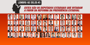 Imagem título: Deputados estaduais mineiros que votaram a favor da Reforma da Previdência. Lembre-se deles #3. Em seguida estão fotos dos seguintes parlamentares por ordem alfabética: Alencar da Silveira Jr. (PDT), Antonio Carlos Arantes (PSDB), Arlen Santiago (PTB), Bartô (Novo), Betinho Pinto Coelho (Solidariedade), Bosco (Avante), Braulio Braz (PTB), Bruno Engler (PRTB), Carlos Henrique (Republicanos), Carlos Pimenta (PDT), Celise Laviola (MDB), Charles Santos (Republicanos), Coronel Henrique (PSL), Coronel Sandro (PSL), Cássio Soares (PSD), Dalmo Ribeiro Silva (PSDB), Delegada Sheila (PSL), Delegado Heli Grilo (PSL), Doorgal Andrada (Patriota), Doutor Paulo (Patriota), Doutor Wilson Batista (PSD), Duarte Bechir (PSD), Fábio Avelar de Oliveira (Avante), Gil Pereira (PSD), Glaycon Franco (PV), Guilherme da Cunha (Novo), Gustavo Mitre (PSC), Gustavo Santana (PL), Gustavo Valadares (PSDB), Hely Tarquínio (PV), Inácio Franco (PV), Ione Pinheiro (DEM), João Magalhães (MDB), João Vítor Xavier (Cidadania), Laura Serrano (Novo), Leandro Genaro (PSD), Leonídio Bouças (MDB), Léo Portela (PL), Mário Henrique Caixa (PV), Neilando Pimenta (Podemos), Noraldino Júnior (PSC), Professor Irineu (PSL), Professor Wendel Mesquita (Solidariedade), Raul Belém (PSC), Repórter Rafael Martins (PSD), Roberto Andrade (Avante), Rosângela Reis (Podemos), Sargento Rodrigues (PTB), Sávio Souza Cruz (MDB), Tadeu Martins Leite (MDB), Tito Torres (PSDB), Zé Guilherme (PP), Zé Reis (Podemos).