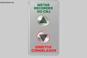 Painel metálico com dois botões de elevador: o botão que aponta para cima está identificado como "Metas Recordes do CNJ", enquanto o botão que aponta para baixo refere-se a "Direitos Congelados".