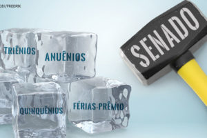 Em um fundo azul claro uma pilha de cubos de gelo com as palavras “anuênios”, “triênios”, “quinquênios” e “férias-prêmio” é ameaçada por um martelo nas cores preta e amarela com a palavra “Senado”.