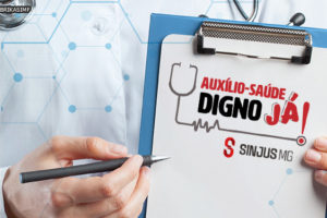 A imagem apresenta um médico segurando uma prancheta com um estetoscópio preso a ele. Na prancheta está escrito: “Auxílio-Saúde Digno Já! Conteúdo textual: Disparidade. Adequação do Auxílio-Saúde segue como luta prioritária em 2024.