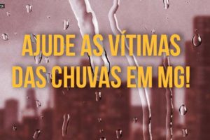 foto de uma cidade desfocada e em tons vermelhos com destaque para gostas de chuva. Conteúdo textual: Ajude as vítimas das chuvas em Minas Gerais!