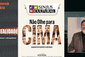 Montagem em três partes, sendo a primeira a capa do livro “Contra a Realidade”, de Natalia Pasternak e Carlos Orsi. A segunda parte o cartaz do filme “Não olhe para cima” na qual a palavra cima tem vários rostos de pessoas. A terceira parte é uma imagem do filósofo Mário Sérgio Cortella (homem de pele clara, cabelo grisalho e barba branca.