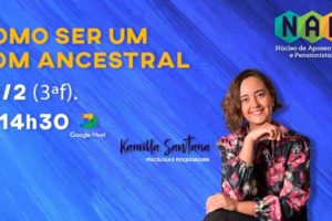 #ImagemAcessível: Imagem com fundo azul. Do lado direito está uma mulher branca de cabelos claros e curtos, vestindo uma blusa rosa e azul. Conteúdo textual: Como ser um bom ancestral. 22/2, 3ªf. às 14h30, com Kamilla Santana.