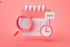Ilustração em 3D em tons de vermelho de um calendário, um relógio e uma lupa. Conteúdo textual: Agenda. Confira o que te espera na próxima semana. Atenciosamente,