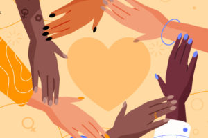 Em um fundo amarelo claro uma ilustração de mulheres negras e brancas juntando suas mãos em forma de círculo de apoio, demonstrando empatia, no centro do círculo um coração amarelo.