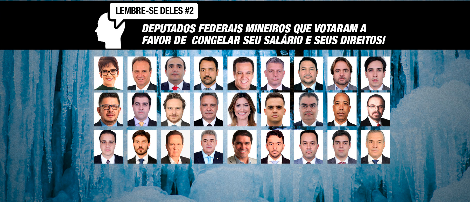 Imagem com as fotos dos deputados federais por Minas Gerais que votaram favoravelmente à Lei Complementar 173, que congelou salários e carreira dos servidores públicos por 18 meses. Por ordem alfabética, são eles: Alê Silva (PSL), Bilac Pinto (DEM), Delegado Marcelo (PSL), Diego Andrade (PSD), Dimas Fabiano (PP), Dr. Frederico (PATRIOTA), Enéias Reis (PSL), Eros Biondini (PROS), EuclydesPettersen (PSC), Fábio Ramalho (MDB), Franco Cartafina (PP), Fred Costa (PATRIOTA), Gilberto Abramo (REPUBLICANOS), Greyce Elias (AVANTE), Junio Amaral (PSL), Lafayette Andrada (REPUBLICANOS), Léo Motta (PSL), Lincoln Portela (PL), Lucas Gonzalez (NOVO), Marcelo Aro (PP), Mauro Lopes (MDB), Misael Varella (PSD), Newton Cardoso Jr (MDB), Pinheirinho (PP), Stefano Aguiar (PSD), Tiago Mitraud (NOVO) e Zé Silva (SOLIDARIEDADE).